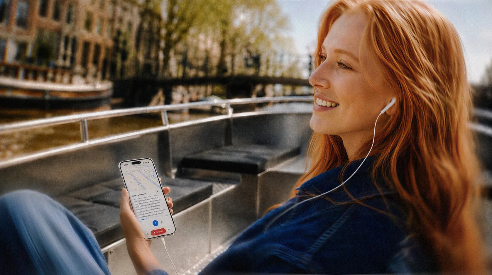 Traveler listening to the Amsterdam Mokum Tour audio guide on a canal boat