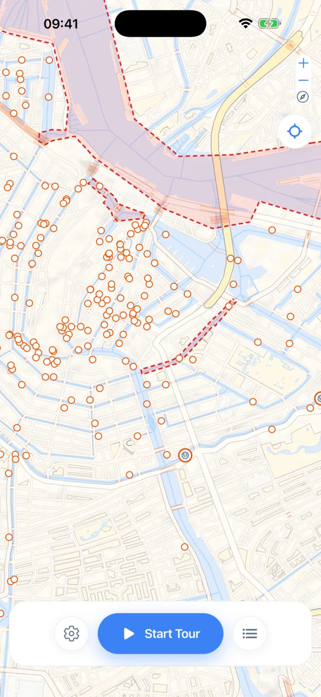 Amsterdam Mokum Tour app map view showing nearby story points in Amsterdam