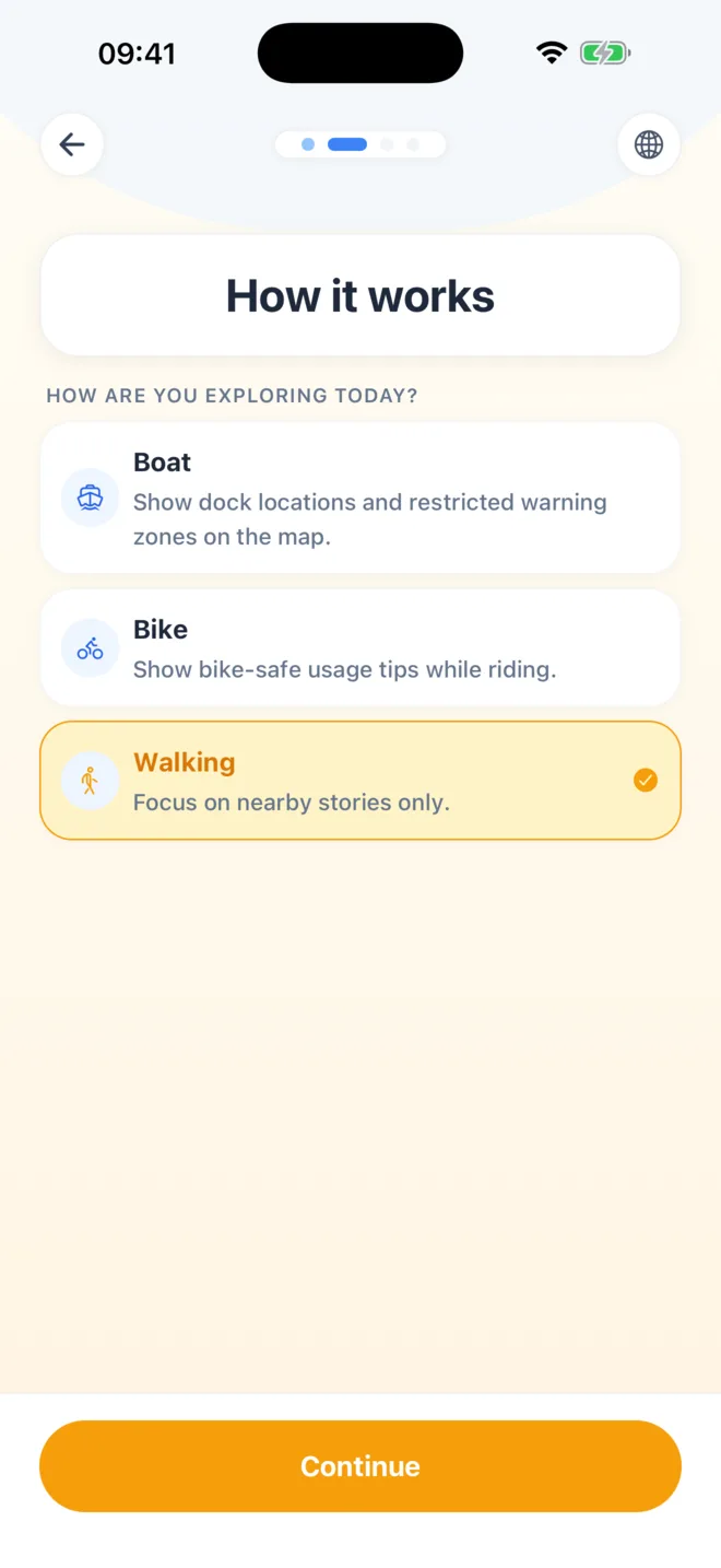 Amsterdam Mokum Tour app transport mode selection screen