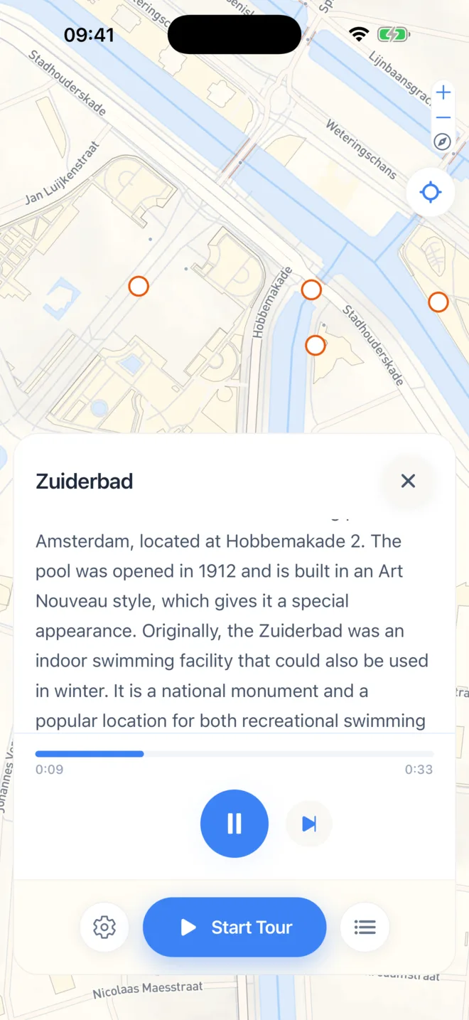 Amsterdam Mokum Tour app story player open on the map