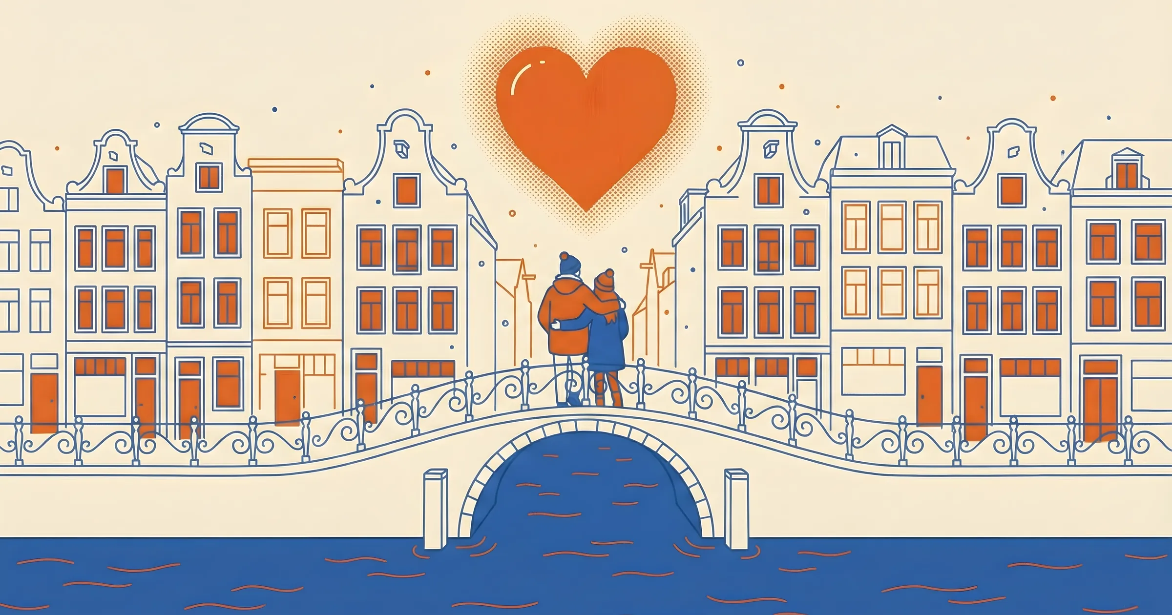 Illustration of a couple on an Amsterdam bridge with canal houses and a heart overhead