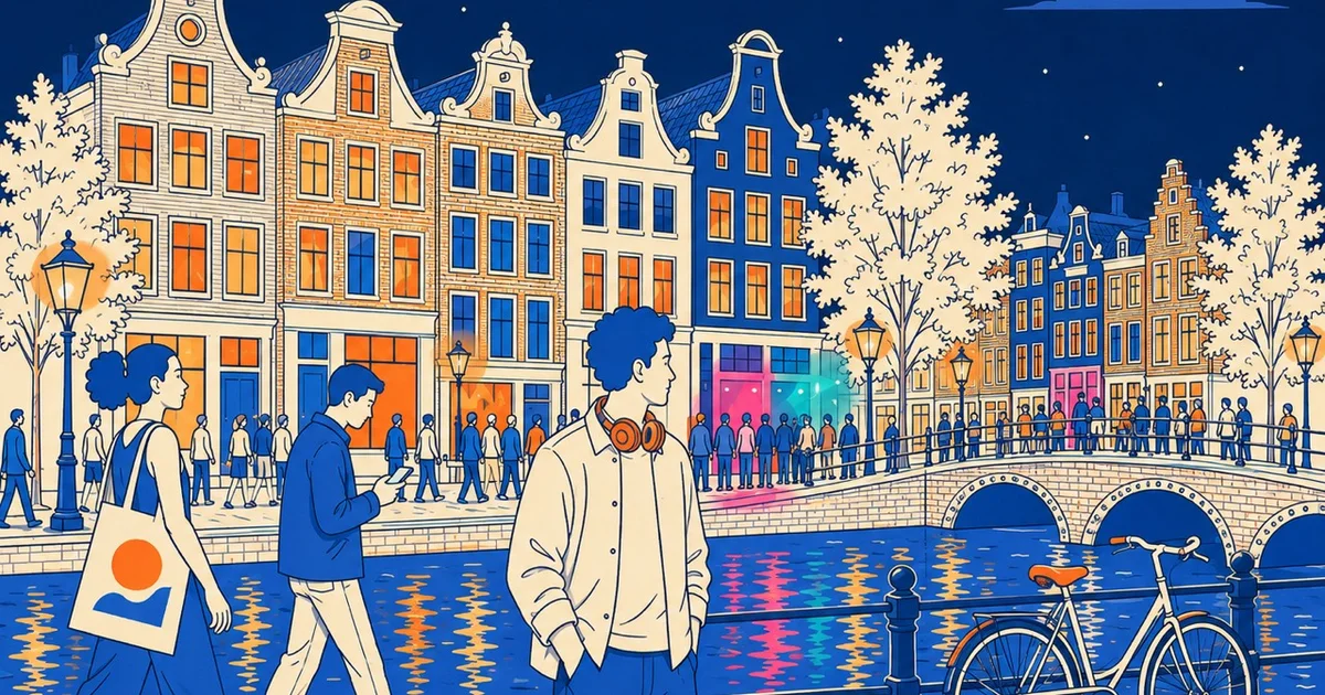 Illustration of ADE visitors walking beside an Amsterdam canal at night