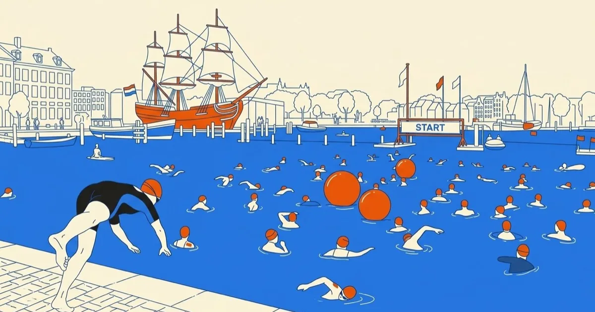 Illustratie van zwemmers met oranje badmutsen in een Amsterdamse gracht tijdens de City Swim