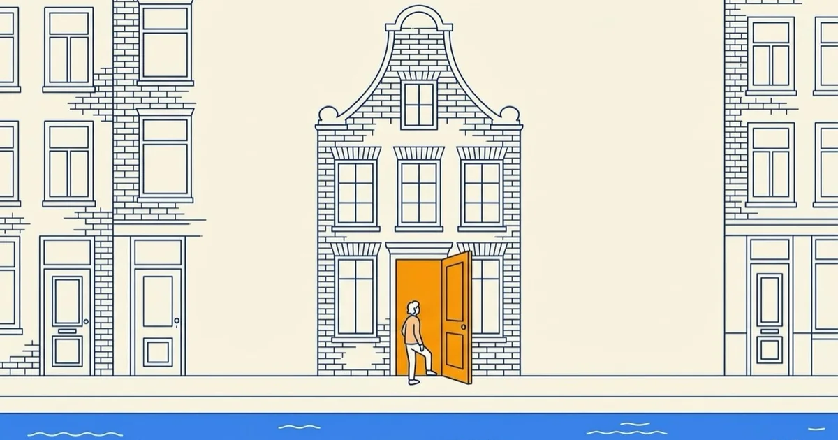 Illustratie van een Amsterdams grachtenhuis dat zijn deur opent voor Open Monumentendag