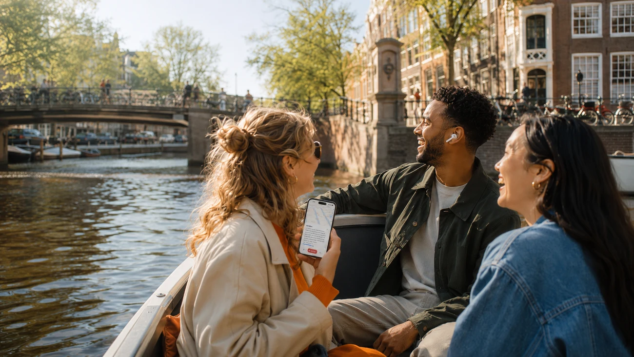 Traveler listening to an audio guide while walking along an Amsterdam canal