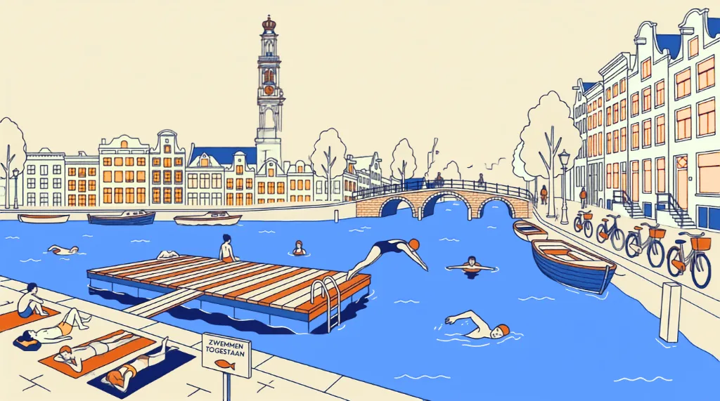 Graphic illustration of people swimming and sunbathing in Amsterdam canals near Westertoren