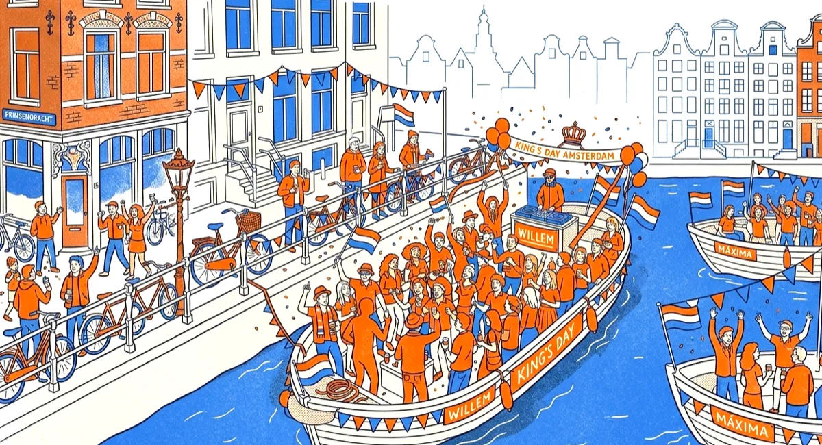 Crowded Amsterdam canal during King’s Day with orange dressed boats and people