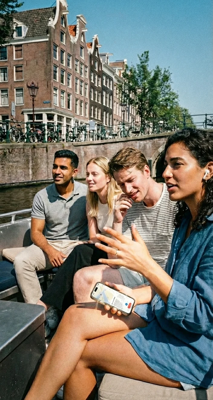 Amigos usando Amsterdam Mokum Tour juntos en un barco Mokumboot