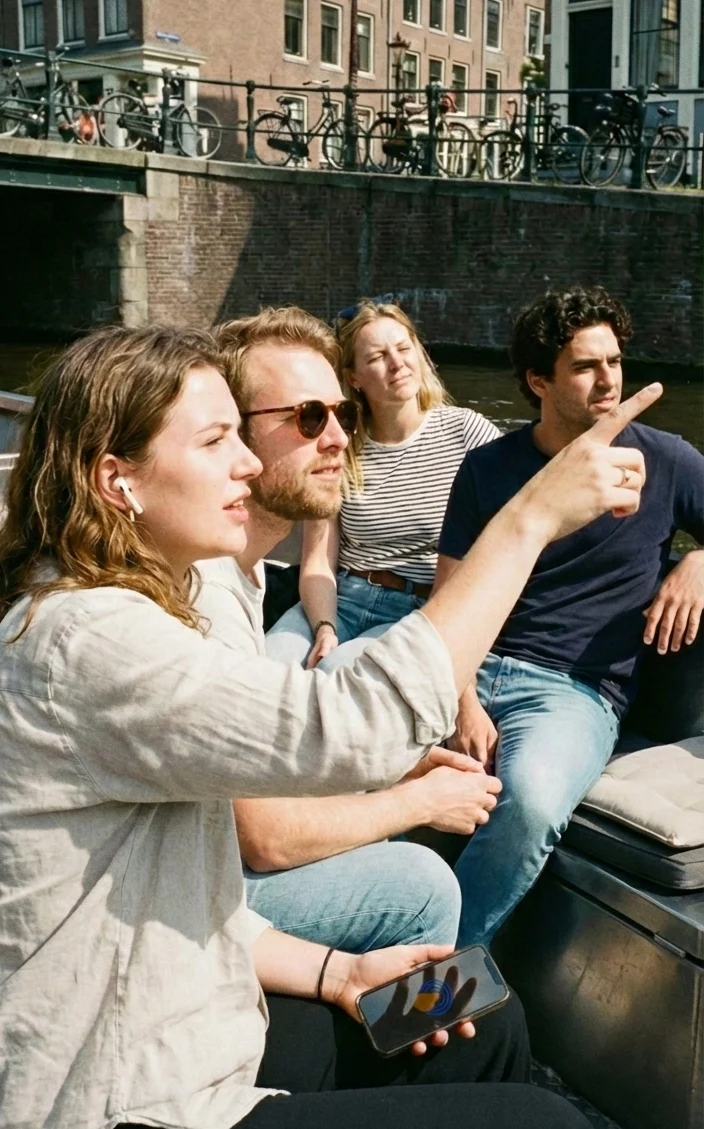 Una viajera sostiene Amsterdam Mokum Tour mientras sus amigos escuchan en un barco Mokumboot